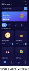 This dark mode food delivery app user interface displays various food categories, a special discount banner, and popular menu items like pizza and burgers with prices and ratings.