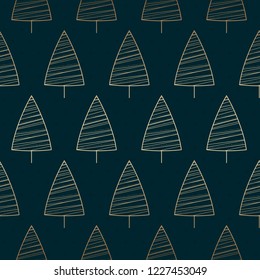 This is a dark seamless Christmas and New Year background with golden Christmas trees. Vector Illustration.
