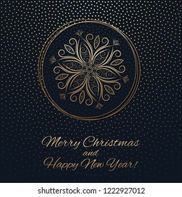 This is a dark-gold background with a Christmas ball and snowflake. Beautiful greeting card for Christmas and New Year design.