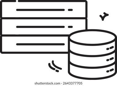Esse ícone de linha de armazenamento de banco de dados é excelente para representar sistemas de gerenciamento de dados, organização de informações e arquivamento digital. Adequado para vários gráficos profissionais.