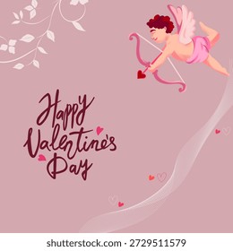 This is a Valentine’s Day greeting illustration featuring a cute cupid flying across a soft pink background. The cupid holds a bow and arrow with a heart-shaped tip, symbolizing love and romance. Decorative floral elements, flowing lines, and small heart icons add a gentle, romantic atmosphere. The handwritten-style text “Happy Valentine’s Day” is prominently displayed, enhancing the festive and affectionate mood. The pastel color palette and flat vector design make the illustration ideal for greeting cards, posters, social media posts, invitations, and romantic holiday promotions. The image conveys themes of love, celebration, affection, and romance.