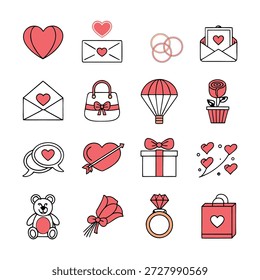 This Valentine’s Day themed icon set is designed to celebrate love, romance, and emotional connection through a clean and modern visual style.
The collection includes popular Valentine-related symbols such as heart, love message, gift box, rose, cupid arrow, chocolate, ring, calendar date, love letter, couple symbol, and celebration icons.

Each icon is created with consistent proportions, smooth lines, and balanced spacing to ensure clear visibility at different sizes.
The friendly and expressive design makes this icon set perfect for seasonal promotions, greeting cards, mobile apps, social media campaigns, e-commerce banners, and romantic event designs.