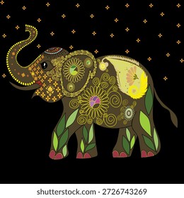 Esta ilustración decorativa de elefante presenta intrincados patrones florales y de mandala resaltados sobre un fondo negro audaz. El diseño simboliza la sabiduría, la fuerza y la positividad al tiempo que combina la estética étnica asiática con un estilo ornamental moderno.

Perfecto para mercados de valores, Etsy y plataformas de Impresión a la carta como Redbubble, esta obra de arte es ideal para arte de pared, ropa, carteles, decoración del hogar, papelería y diseños digitales. La paleta de colores de alto contraste mejora el impacto visual y añade un sentido de elegancia y encanto cultural a cualquier proyecto creativo.

Adecuado para:
 Carteles de arte de pared
 Accesorios de camisetas
 Regalos de la decoración casera
 Diseños de impresión digital
 Boho, temas espirituales étnicos
