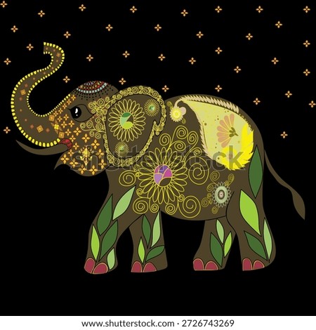 This decorative elephant illustration features intricate floral and mandala patterns highlighted against a bold black background. The design symbolizes wisdom, strength, and positivity while blending ethnic Asian aesthetics with a modern ornamental style.

Perfect for stock marketplaces, Etsy, and print-on-demand platforms such as Redbubble, this artwork is ideal for wall art, apparel, posters, home décor, stationery, and digital designs. The high-contrast color palette enhances visual impact and adds a sense of elegance and cultural charm to any creative project.

Suitable for:
 Wall art  posters
 T-shirts  accessories
 Home décor gifts
 Digital print designs
 Boho, ethnic spiritual themes
