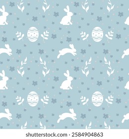 This decorative fabric features a playful pattern of white bunnies, colorful Easter eggs, and small flowers on a soft blue background, perfect for spring celebrations.