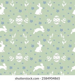 This decorative fabric features a playful pattern of white bunnies, colorful Easter eggs, and small flowers on a soft green background, perfect for spring celebrations.