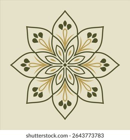 This decorative floral design features an eight petal flower in gold and green colors, creating a symmetrical and elegant pattern suitable for various design projects.