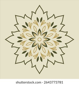This decorative floral mandala design features a symmetrical pattern of leaves in shades of gold and green and can be used for artistic projects.