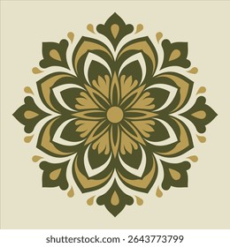 This decorative floral mandala featuring a green and gold color scheme offers a touch of elegance and can be used for various creative projects.