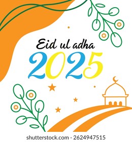 This is a decorative image wishing "Eid ul Adha 2025" with a mosque and festive Islamic designs in color variant.
