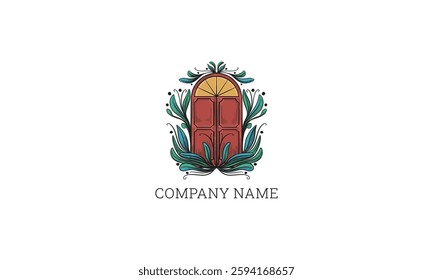 This is a decorative logo featuring a wooden door surrounded by leaves and flowers against a white background.