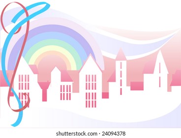 This is decorative rainbow above a panorama of city