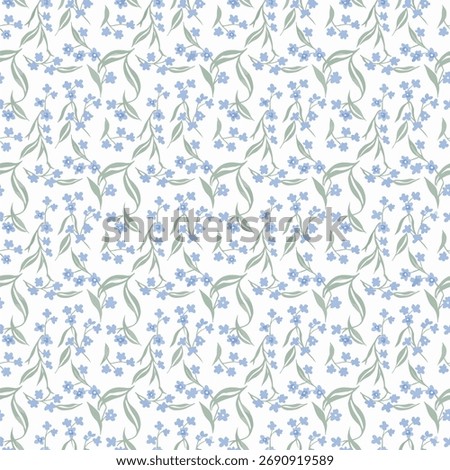  This is a delicate and charming floral pattern featuring small, light blue flowers, likely inspired by forget-me-nots. 