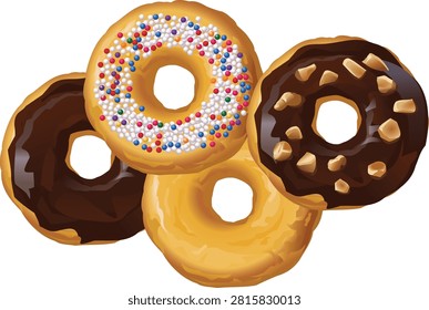 This delicious vector illustration collection features an assortment of colorful donuts decorated with various toppings, including vibrant sprinkles, rich chocolate glaze, and crunchy peanut pieces. Designed as a playful and attractive dessert graphic, this artwork captures the fun, sweetness, and visual appeal of one of the world's most popular bakery treats. The collection is ideal for menu designs, café branding, food packaging, advertisements, websites, social media graphics, and commercial creative projects.

Donuts, also known as doughnuts, are beloved sweet pastries enjoyed by people of all ages around the world. Their iconic round shape, soft texture, and endless variety of flavors make them a favorite choice for bakeries, cafés, dessert shops, and special celebrations. This illustration highlights the creativity and variety of donut designs by showcasing different toppings, colors, and decorative styles.

The colorful sprinkles add a playful and cheerful element to the artwork. Sprinkles are commonly associated with celebrations, birthdays, parties, and fun dessert experiences. Their bright colors create an eye-catching appearance, making these donut illustrations especially suitable for children's products, festive designs, and joyful food promotions.

The chocolate-glazed donuts represent classic dessert flavors loved by customers worldwide. Chocolate topping adds a rich and indulgent appearance, making it a popular choice for bakery menus, cookie advertisements, and food branding. The smooth glaze creates a delicious visual impression that communicates sweetness and quality.

The peanut topping introduces a textured and premium cookie style. Nuts are often used in bakery products to add flavor, crunch, and a gourmet feeling. This variety of toppings helps the illustration represent a wide range of donut flavors and appeals to different food-related design concepts.