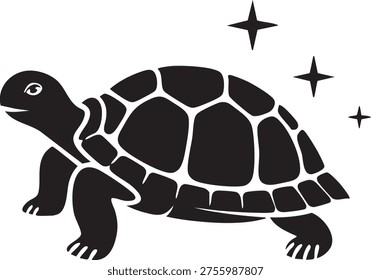 This delightful black silhouette features a content turtle with sparkling stars, conveying a sense of happiness and charm. Ideal for projects related to animals, nature, slowness, or enchantment.