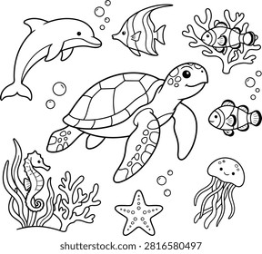 This delightful black and white illustration is designed as a coloring page for children, showcasing a central, smiling sea turtle swimming gracefully. Surrounding the turtle are several iconic marine creatures, including a playful dolphin, a striped angelfish, a clownfish nestled in coral, another clownfish swimming nearby, a delicate seahorse, and a happy jellyfish. The scene is completed with a star-shaped starfish and scattered bubbles, creating a whimsical underwater environment. The clean, bold lines provide a perfect template for young artists to color, helping to develop fine motor skills while encouraging an interest in diverse ocean wildlife and habitats.