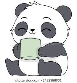 This delightful cartoon panda is seen sitting comfortably while holding a large mug, with a content expression on its face.