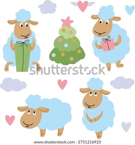 This delightful children's illustration features a collection of simple yet cute vector sheep gathered around a festive New Year's tree. Perfectly capturing the joyous spirit of the holiday season, this naïve-style artwork brings warmth and cheerfulness into any design project. Whether it's greeting cards, wrapping paper, party invitations, or decorations, these cuddly little sheep are sure to spread smiles and create a cozy, playful ambiance.