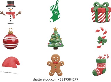This delightful collection features nine distinct Christmas icons, each rendered in a charming, slightly painterly style that evokes the warmth of the holiday season. The set includes a jolly snowman with a top hat, a striped green stocking, a beautifully wrapped gift with a large bow, a classic red and white striped ornament, a decorated Christmas tree with a star, a festive candy cane, a cozy red Santa hat, a smiling gingerbread man, and an ornate, patterned Christmas stocking. These icons are isolated against a crisp white background, making them perfect for digital holiday projects, greeting cards, festive web design elements, or seasonal social media graphics and creative winter crafts.