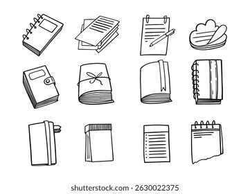 This is a delightful collection of hand-drawn illustrations showcasing various notebooks and stationery items