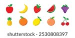 This delightful collection of vector fruit icons features a range of vibrant and fresh designs, including popular fruits like apples, bananas, strawberries, watermelons, and more.