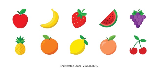 This delightful collection of vector fruit icons features a range of vibrant and fresh designs, including popular fruits like apples, bananas, strawberries, watermelons, and more.