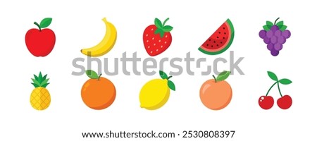 This delightful collection of vector fruit icons features a range of vibrant and fresh designs, including popular fruits like apples, bananas, strawberries, watermelons, and more.