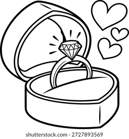 Diese reizvolle Farbseite verfügt über einen offenen herzförmigen Ringkasten mit einem funkelnden Verlobungsring im Inneren, umgeben von schwimmenden Herzen. Diese Illustration symbolisiert Liebe und Engagement und macht sie zu einer perfekten Aktivität für Verlobungsfeiern, Brautduschen oder einfach als lustiges Kunstprojekt. Erwecken Sie diese romantische Szene mit Ihren Lieblingsfarben zum Leben und feiern Sie die Liebe