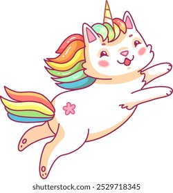 This delightful creature part cat and part unicorn leaps through the air with a vibrant rainbow colored mane showcasing a whimsical and cheerful design.