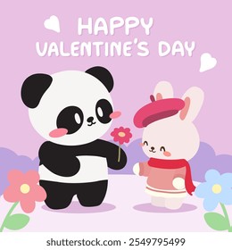 Esta encantadora ilustración del Día de San Valentín presenta un panda kawaii que presenta una flor a un conejo ruborizado sobre un fondo rosa pastel.