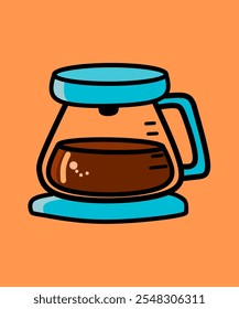 Esta encantadora ilustración digital cuenta con una encantadora cafetera de estilo de dibujos animados llena de café rico y aromático. La olla se renderiza en tonos azules calmantes con un tono café marrón cálido, contra