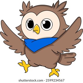 This delightful digital illustration features a cute brown owl with large expressive eyes, a cheerful expression, and a blue scarf around its neck