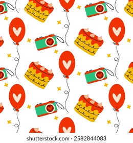 This is a delightful Festive Celebration Pattern featuring Cakes, Balloons, and Joyful Elements