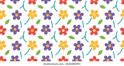 This delightful floral pattern showcases a repeating arrangement of simple, stylized flowers in red, purple, and yellow, interspersed with green leaves and teal stems.