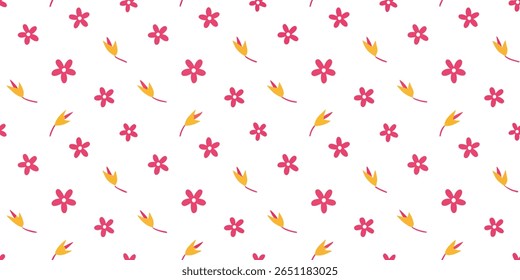 Este delicioso padrão floral apresenta um arranjo repetitivo de flores simples cor-de-rosa com centros brancos e botões amarelos estilizados, todos colocados contra um fundo branco brilhante.
