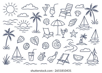 Este é um delicioso padrão de rabiscar de praia desenhado à mão. Apresentando divertidos elementos de férias de verão este padrão adiciona um toque divertido perfeito para seus designs e fundos criativos