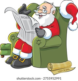This delightful holiday illustration features Santa Claus enjoying a calm and cozy moment as he prepares for the festive season. Seated comfortably in a large green armchair, Santa is dressed in his traditional red suit with white fur trim and his iconic hat, creating a familiar and heartwarming visual associated with Christmas celebrations. He is carefully reading a document labeled “NICE LIST,” symbolizing his important role in reviewing who has been well-behaved throughout the year.

The composition highlights a peaceful indoor setting that reflects warmth, comfort, and seasonal charm. Santa’s relaxed posture and focused expression bring a sense of storytelling to the image, capturing a behind-the-scenes moment of his holiday preparations. The scene is often complemented by cozy elements such as a glowing fireplace, a decorated Christmas tree, soft lighting, or even a warm drink placed nearby, enhancing the inviting and festive atmosphere.

This illustration is perfectly suited for a wide range of creative uses, including greeting cards, social media posts, website banners, advertisements, and holiday-themed digital designs. Its clean and engaging style makes it highly versatile for both commercial and personal projects. Designers and marketers can use this artwork to evoke feelings of nostalgia, joy, and seasonal excitement in their audience.

The warm tones, classic character design, and gentle ambiance make this visual especially appealing for winter campaigns and Christmas promotions. It communicates the spirit of giving, kindness, and reflection, which are central themes of the holiday season. Whether used in print or digital media, this illustration brings a sense of magic and comfort that resonates with viewers of all ages.

Ideal for anyone seeking high-quality festive content, this artwork combines storytelling, tradition, and visual appeal into a single captivating scene that celebrates the joy and warmth of the holiday season.
