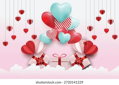 Esta encantadora ilustración captura una escena festiva del Día de San Valentín, con cajas de regalo bellamente envueltas que descansan sobre bases suaves y parecidas a nubes. Por encima de ellos, un encantador grupo de globos en forma de corazón en patrones rojos, azules y rayados flota elegantemente. Numerosos Pequeños corazones rojos cuelgan delicadamente desde arriba, completando este romántico y alegre cuadro. Ideal para promociones navideñas, tarjetas de felicitación o cualquier diseño que celebre el amor y el regalo.
