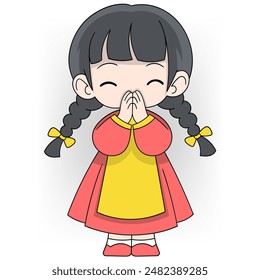 This delightful illustration features a cheerful Chinese girl with braids, dressed in traditional red and yellow attire, clasping her hands together in a friendly greeting.