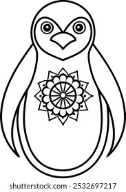 Esta encantadora ilustración presenta una cara de pingüino con un mandala circular bellamente diseñado en su pecho, combinando la naturaleza lúdica del pingüino con un intrincado arte geométrico. 

