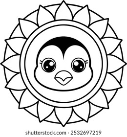 Esta encantadora ilustración presenta una cara de pingüino con un mandala circular bellamente diseñado en su pecho, combinando la naturaleza lúdica del pingüino con un intrincado arte geométrico. 

