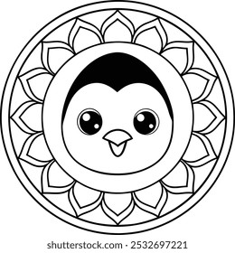 Esta encantadora ilustración presenta una cara de pingüino con un mandala circular bellamente diseñado en su pecho, combinando la naturaleza lúdica del pingüino con un intrincado arte geométrico. 

