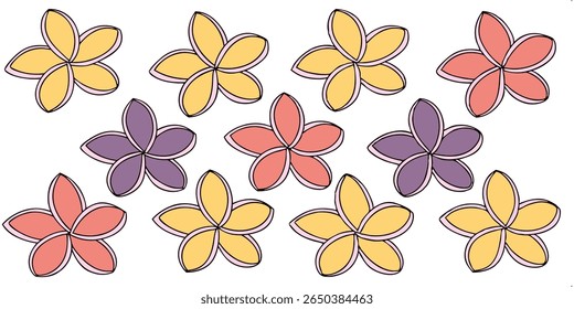 Esta ilustração deliciosa apresenta um arranjo disperso de flores estilizadas, cada uma com cinco pétalas arredondadas. As flores são apresentadas em amarelo suave, rosa coral e roxo lavanda.