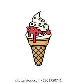This delightful illustration presents a classic soft-serve vanilla ice cream cone, generously adorned with vibrant red syrup and a medley of colorful sprinkles. It's a cheerful and refreshing image, ideal for summer promotions, dessert menus, or anything related to sweet indulgences.