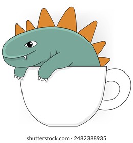 This delightful illustration showcases a cute green dinosaur comfortably nestled inside a large coffee cup, featuring orange spikes and a friendly expression.