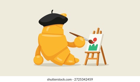 Esta deliciosa imagem mostra um charmoso personagem de croissant de desenho animado vestindo uma boina clássica e pintando apaixonadamente em um pequeno cavalete. A obra de arte exala um sentimento de capricho e criatividade,
