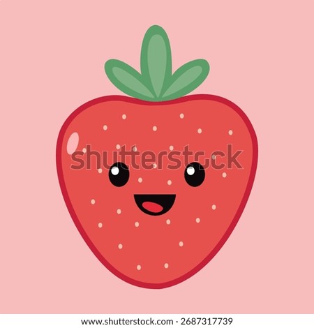 This delightful kawaii strawberry vector features a big smile and happy eyes, making it a charming and sweet graphic for fruit, food, or healthy snack themes.