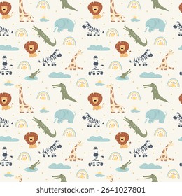 This delightful nursery wall art showcases a seamless pattern of safari animals including lions, giraffes, zebras, and crocodiles. Perfect for adding playful charm to any child's room.