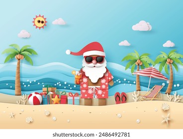 This delightful paper art captures Santa Claus enjoying a sunny beach vacation, blending festive cheer with summer vibes. Ideal for seasonal promotions and holiday-themed designs