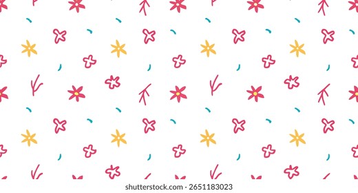 This delightful pattern features hand-drawn style flowers in vibrant red and sunny yellow, interspersed with playful blue curved strokes on a clean white canvas.